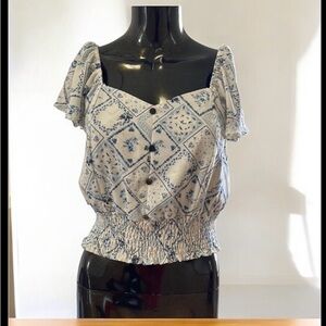 White and Blue Smocked Puff Sleeve Blouse